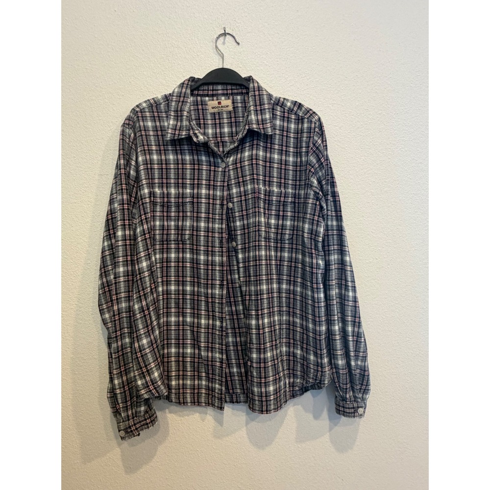 Woolrich Womens Ecru Black Red Plaid Cotton Button Down Shirt Large 2006
